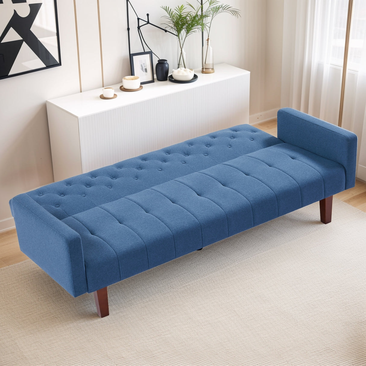 74" Velvet Futon Sofa Bed, Adjustable Backrest Convertible Loveseat Sleeper Couch with Tapered Wood Legs for Small Space