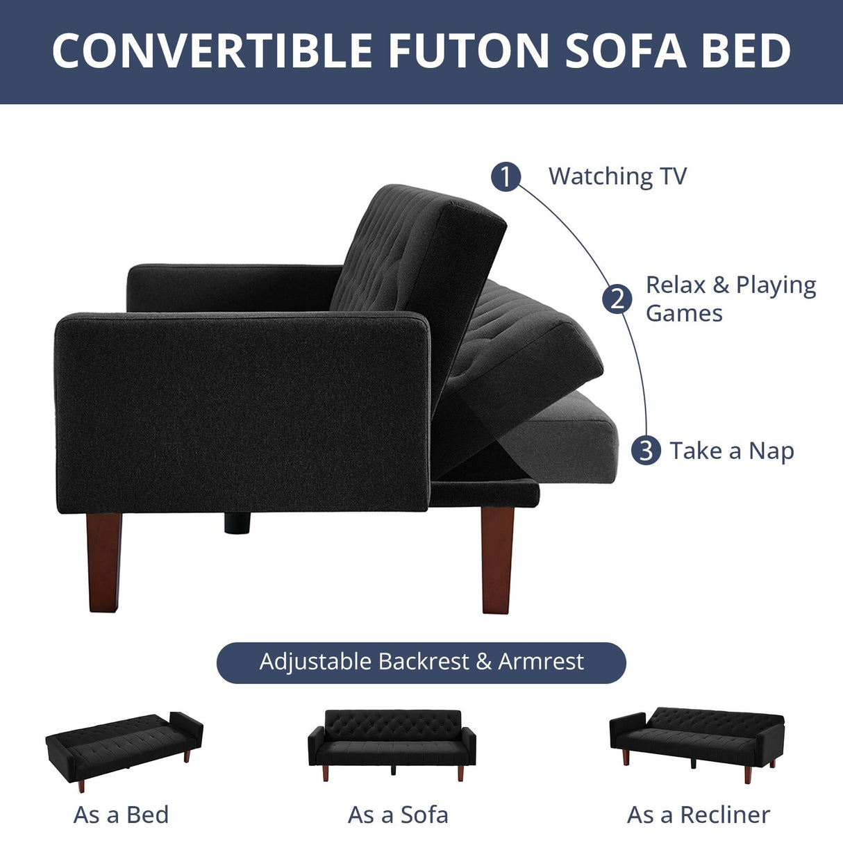 74" Velvet Futon Sofa Bed, Adjustable Backrest Convertible Loveseat Sleeper Couch with Tapered Wood Legs for Small Space