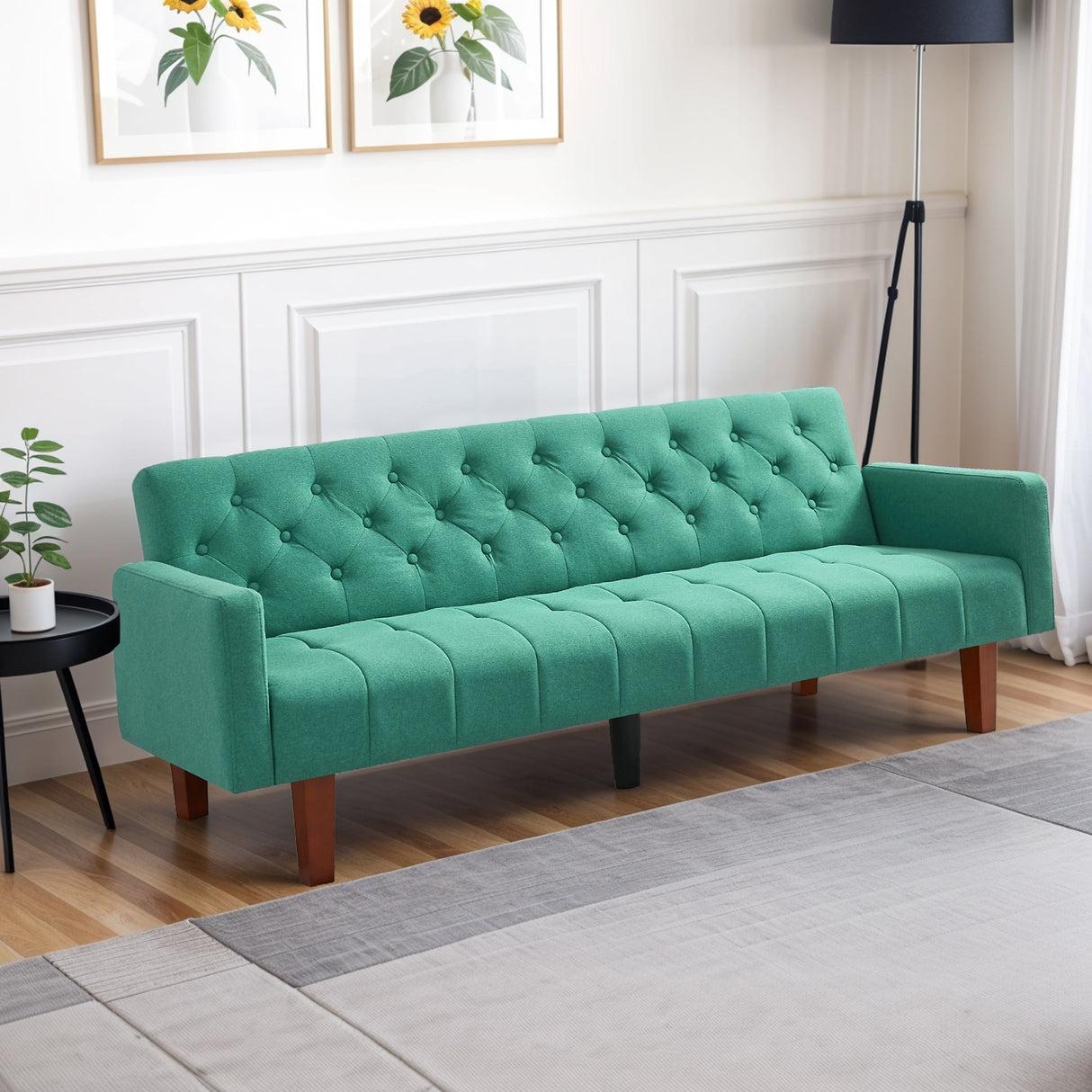 74" Velvet Futon Sofa Bed, Adjustable Backrest Convertible Loveseat Sleeper Couch with Tapered Wood Legs for Small Space