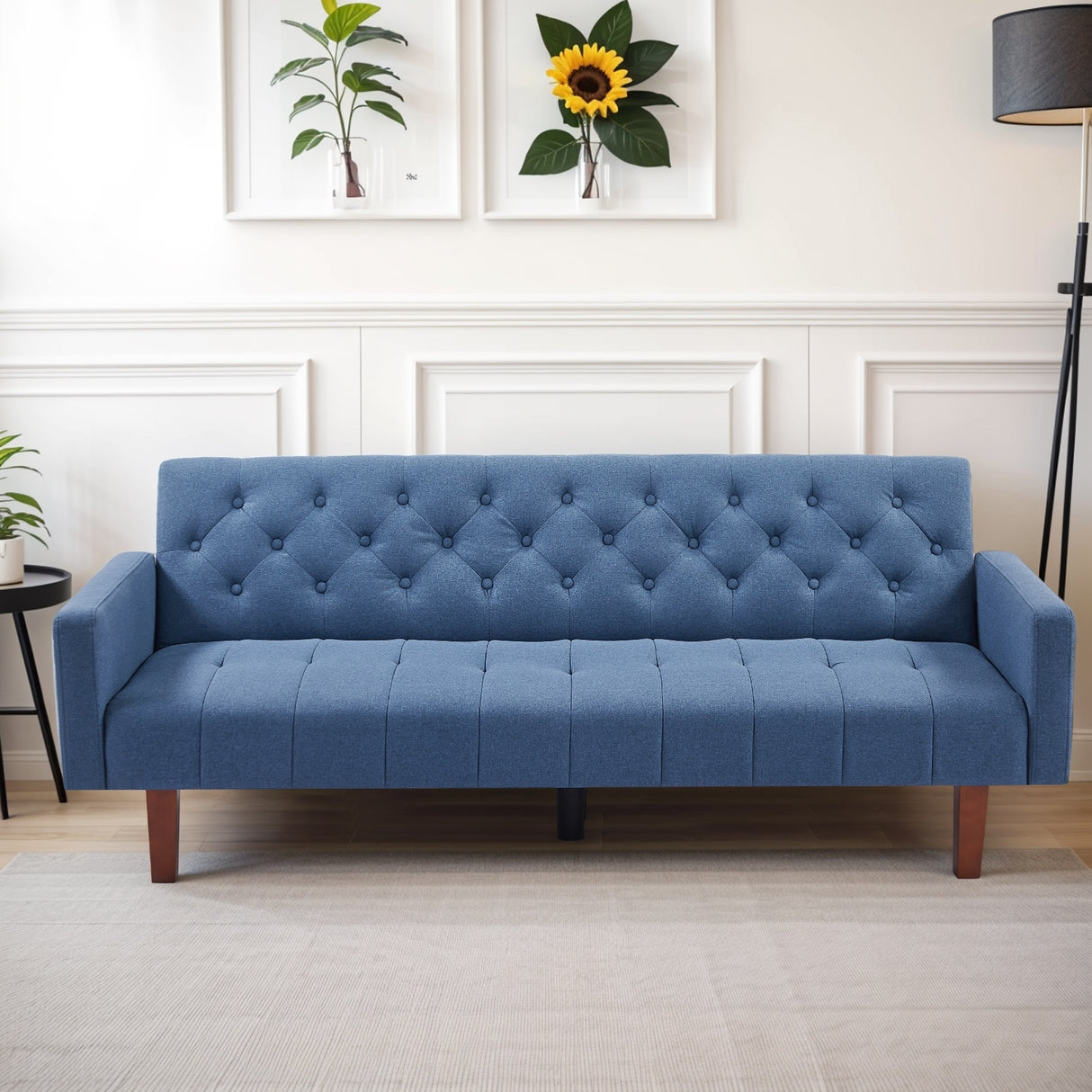 74" Velvet Futon Sofa Bed, Adjustable Backrest Convertible Loveseat Sleeper Couch with Tapered Wood Legs for Small Space