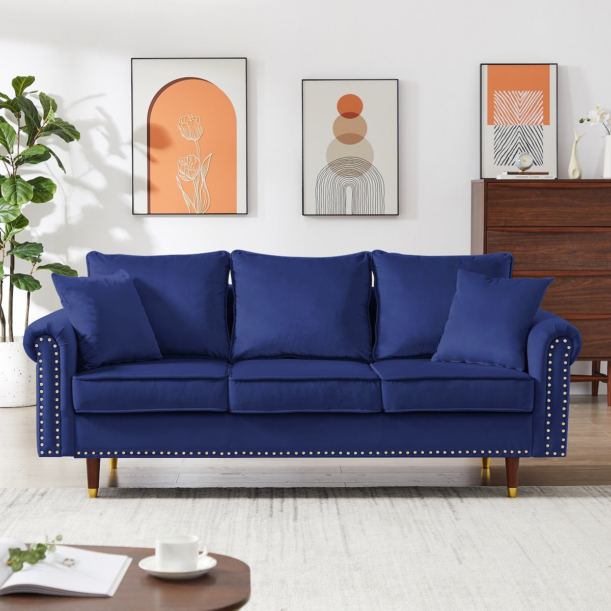 74" Velvet Sofa Couch with 2 Pillows, Modern 3 Seater Sofa with Wood Legs for Living Room and Bedroom