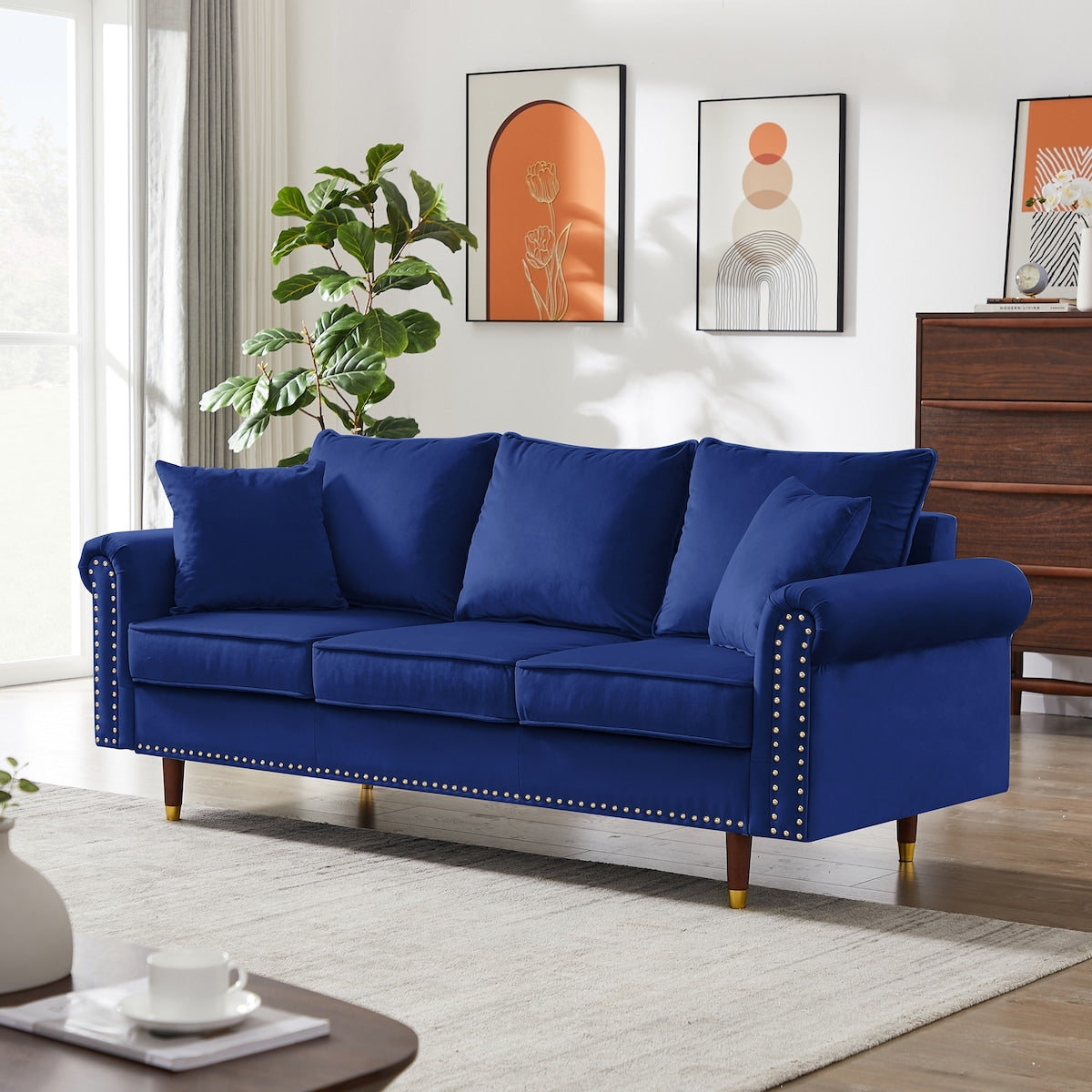 74" Velvet Sofa Couch with 2 Pillows, Modern 3 Seater Sofa with Wood Legs for Living Room and Bedroom