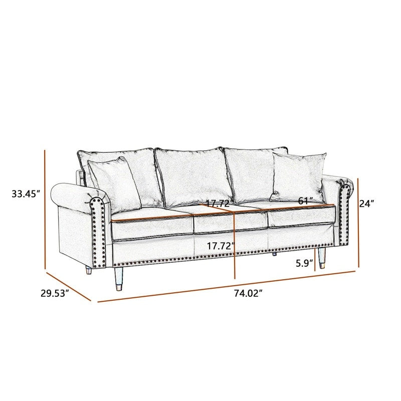 74" Velvet Sofa Couch with 2 Pillows, Modern 3 Seater Sofa with Wood Legs for Living Room and Bedroom