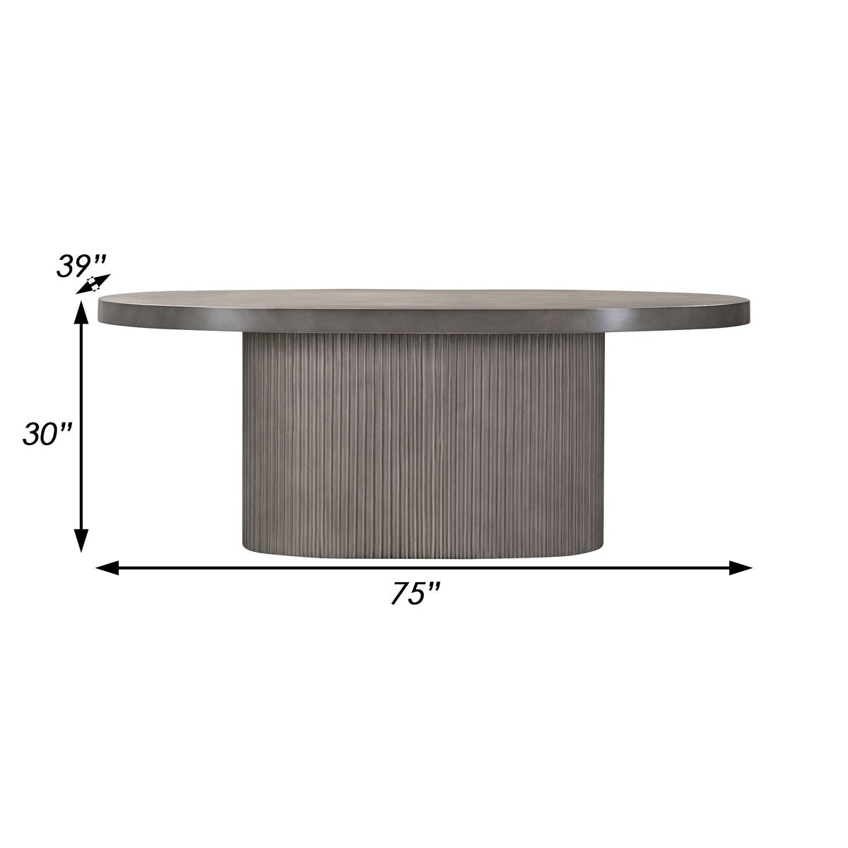75 Inch Modern Concrete Oval Dining Table, Fluted Platform Base, Gray Tone