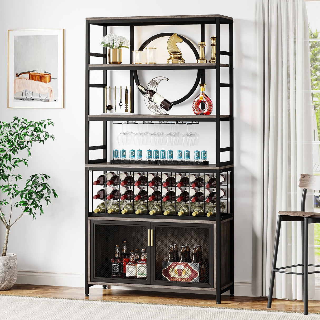 75 Inch Tall Wine Bar Cabinet 27-Bottle Industrial Liquor Cabinet for Living Room, Home Bar