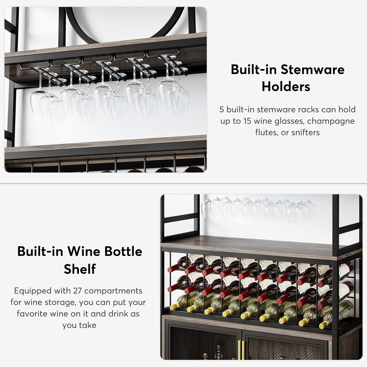 75 Inch Tall Wine Bar Cabinet 27-Bottle Industrial Liquor Cabinet for Living Room, Home Bar