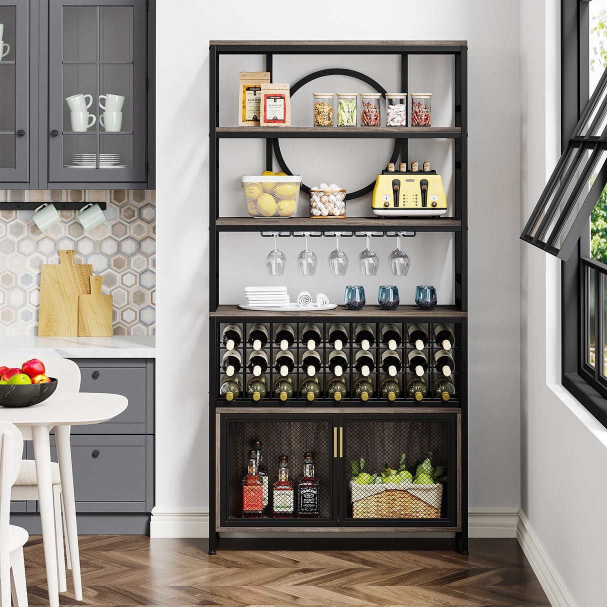 75 Inch Tall Wine Bar Cabinet 27-Bottle Industrial Liquor Cabinet for Living Room, Home Bar