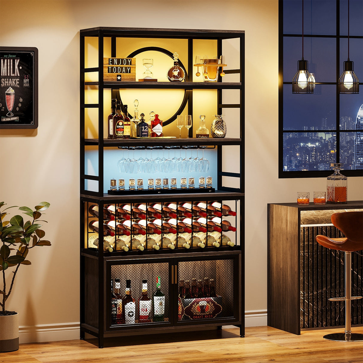75 Inch Tall Wine Bar Cabinet 27-Bottle Industrial Liquor Cabinet for Living Room, Home Bar