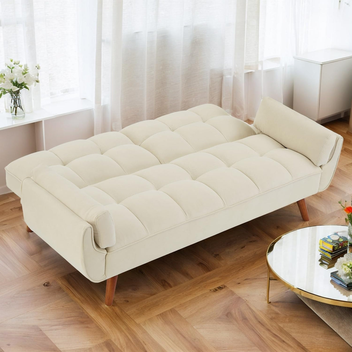 75.39 IN. Futon Sofa Bed, Convertible Upholstered Couch Sleeper with Reclining Sleeper Split Tufted Back