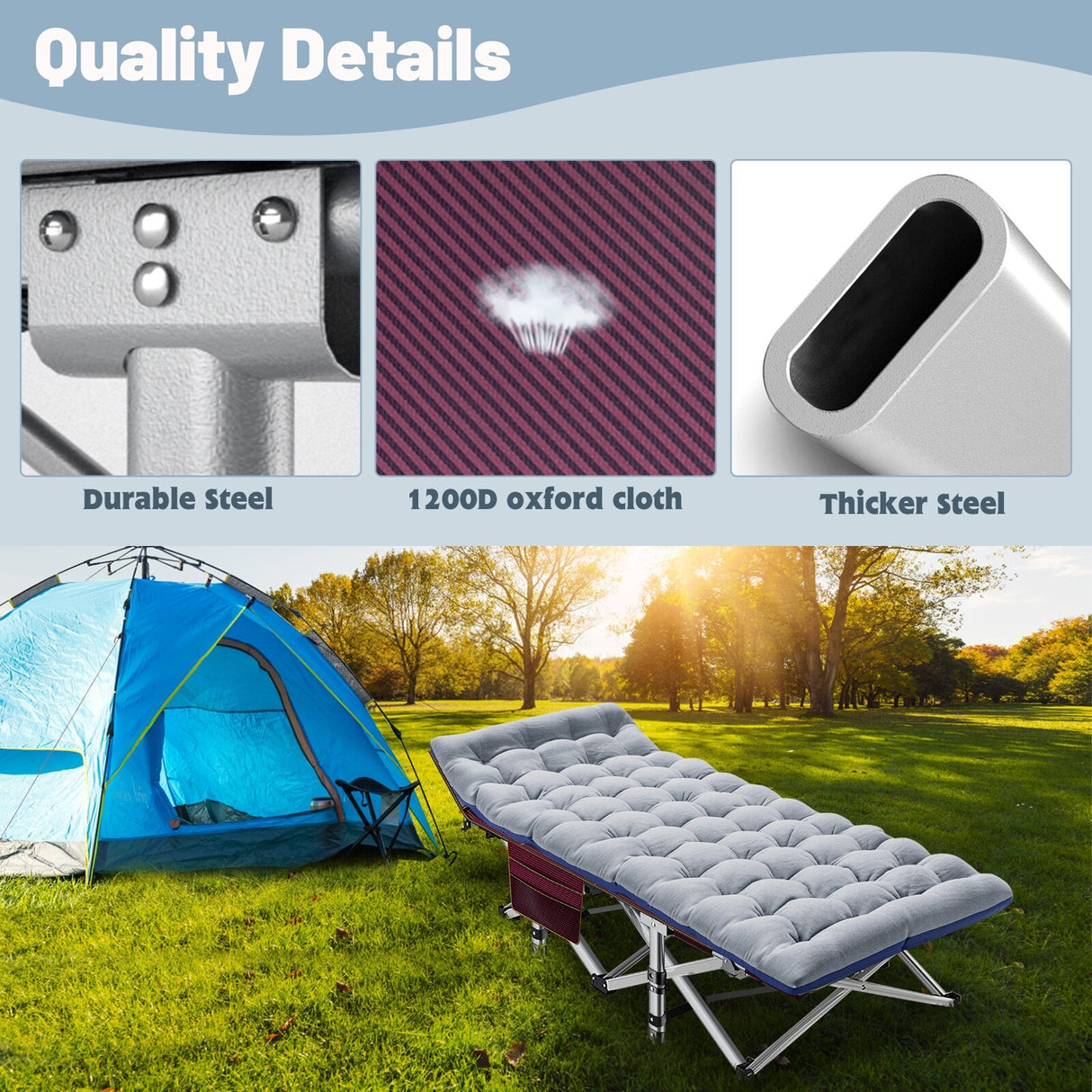 75" Folding Camping Bed with 3.3 Inch Mattress, Portable Sleeping Cot
