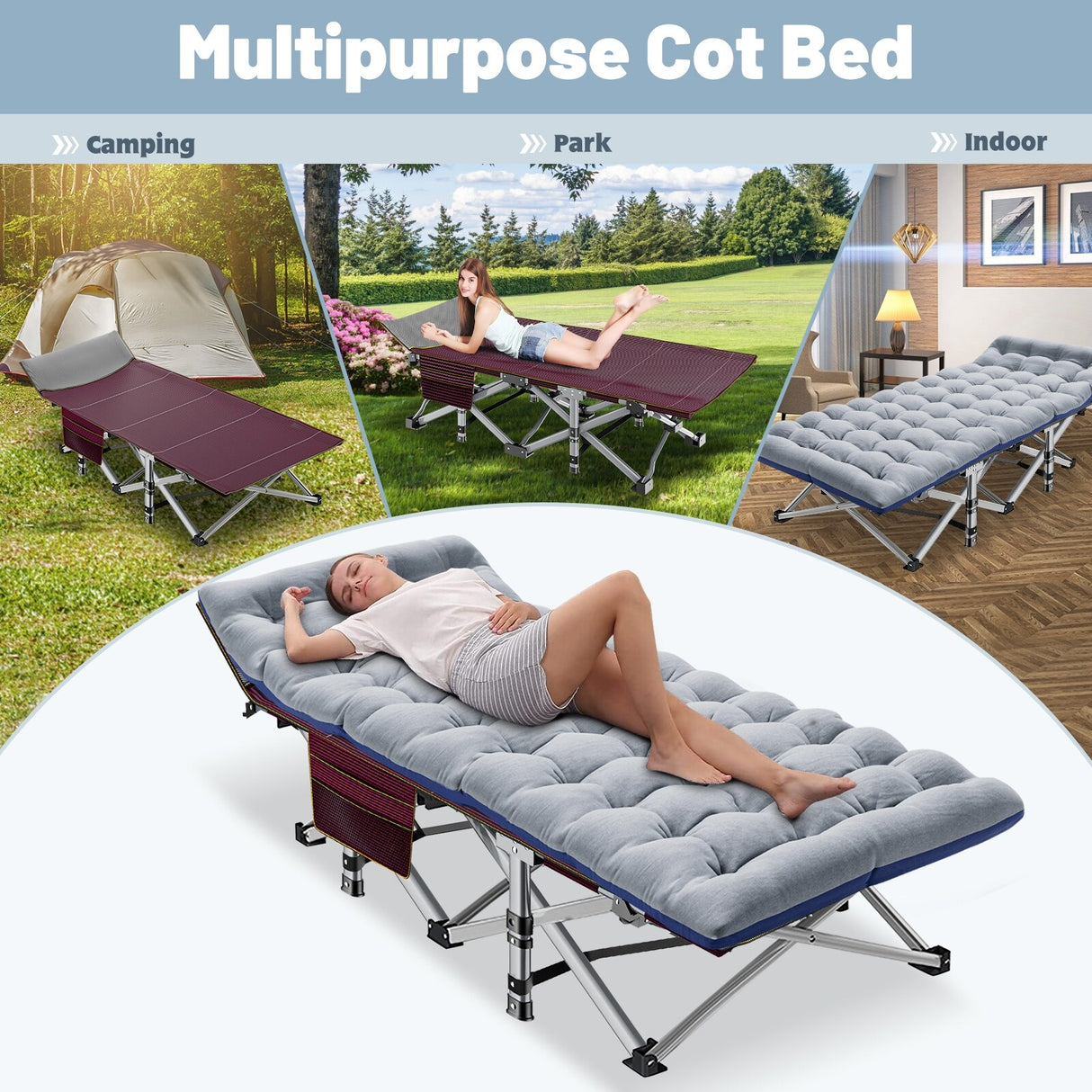 75" Folding Camping Bed with 3.3 Inch Mattress, Portable Sleeping Cot