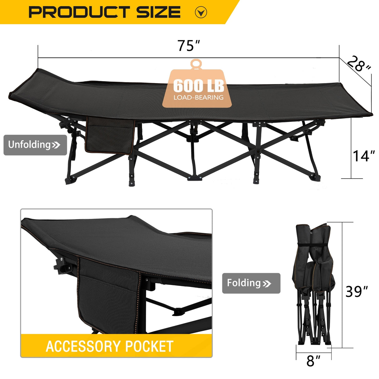 75" Folding Camping Bed with 3.3 Inch Mattress, Portable Sleeping Cot