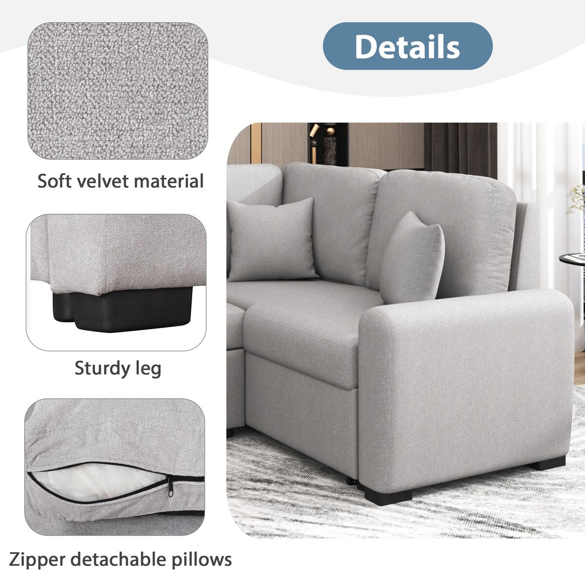 76.7"Sectional Sleeper Sofa with USB Charging Port, Pull-Out Sofa Bed with 3 Pillows, L-Shape Chaise,Grey