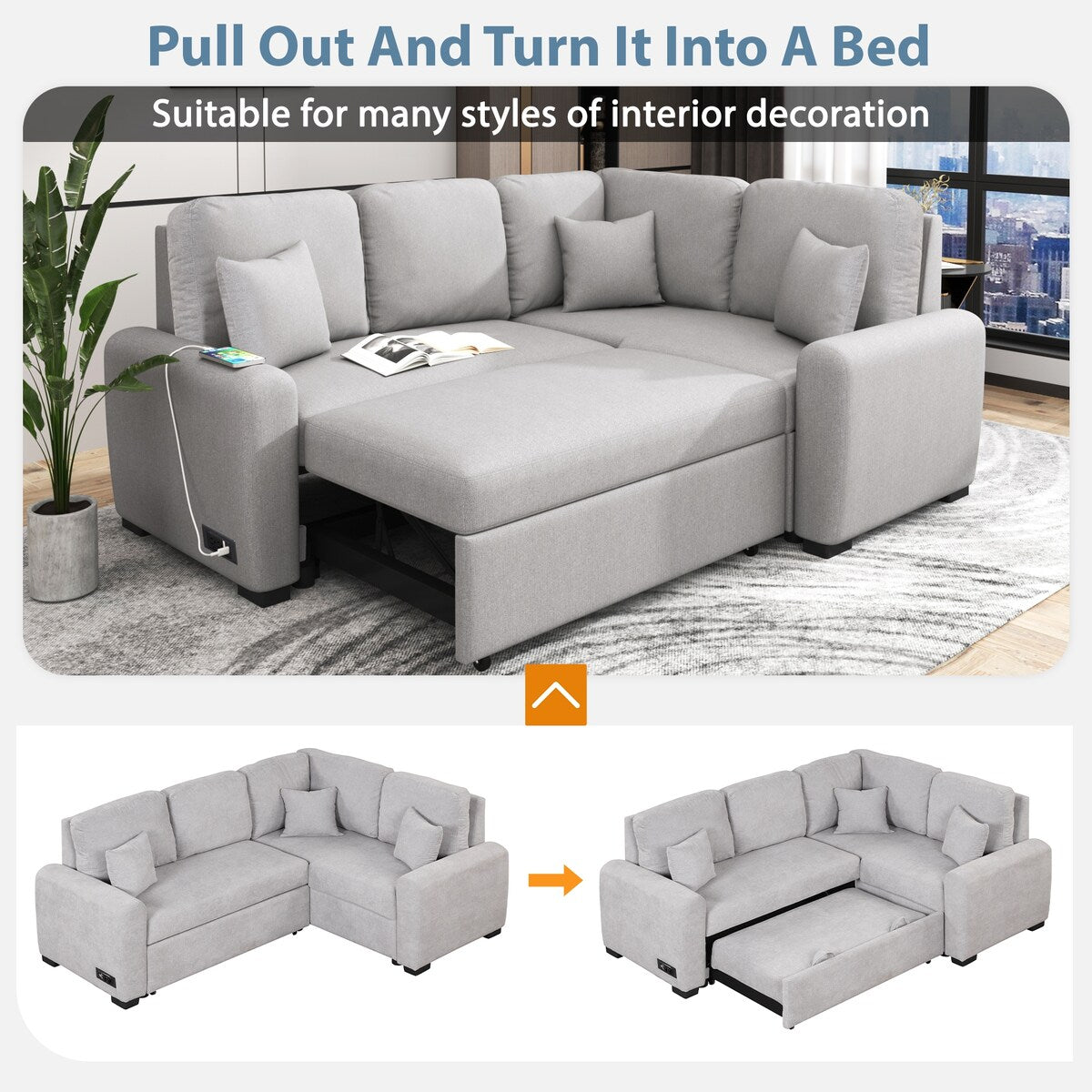 76.7"Sectional Sleeper Sofa with USB Charging Port, Pull-Out Sofa Bed with 3 Pillows, L-Shape Chaise,Grey