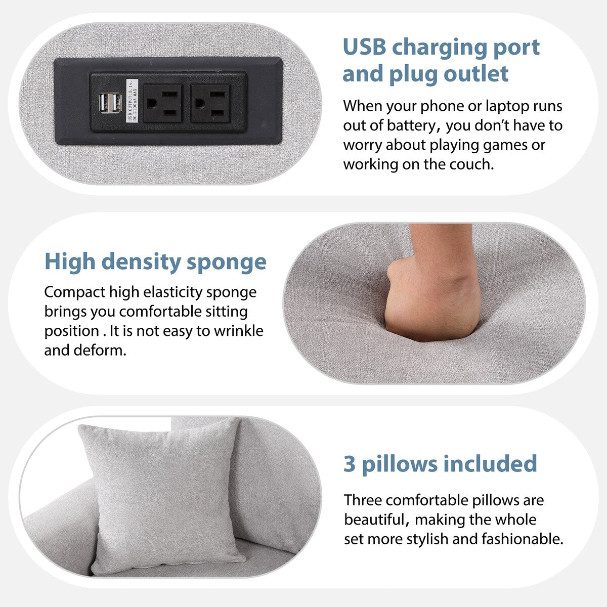 76.7"Sectional Sleeper Sofa with USB Charging Port, Pull-Out Sofa Bed with 3 Pillows, L-Shape Chaise,Grey