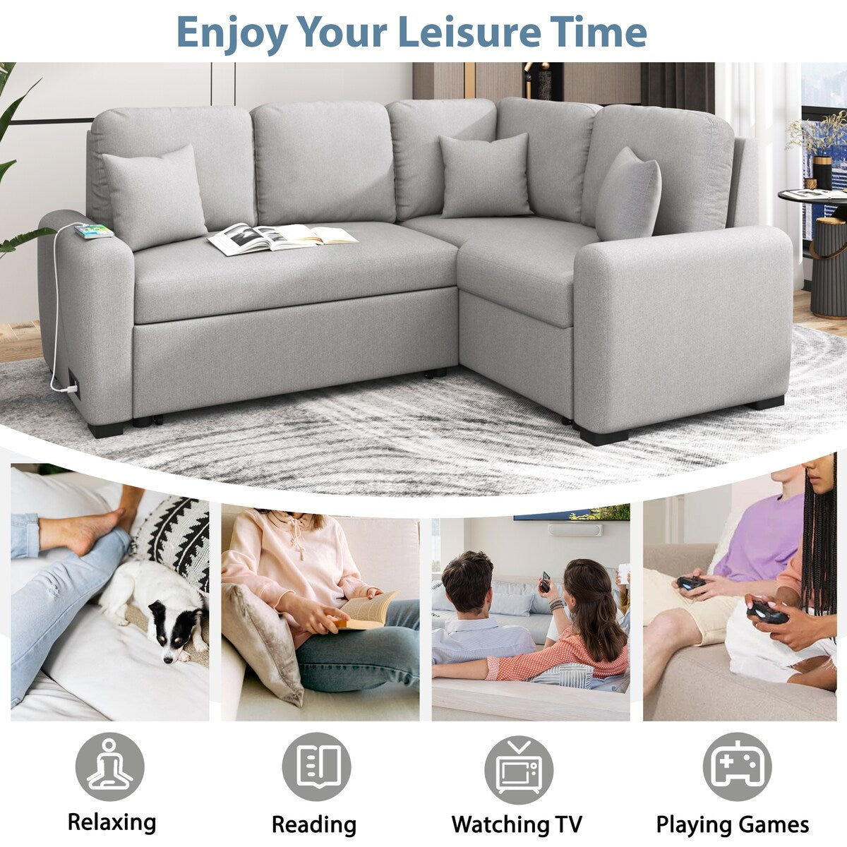 76.7"Sectional Sleeper Sofa with USB Charging Port, Pull-Out Sofa Bed with 3 Pillows, L-Shape Chaise,Grey