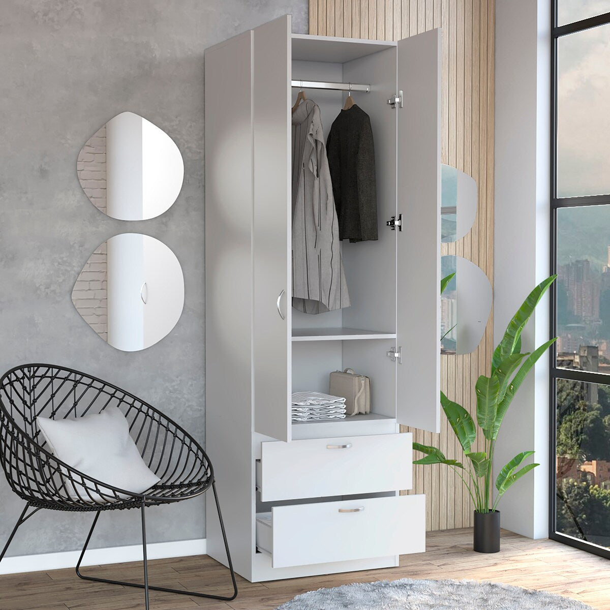 76 High Armoire Wardrobe Closet with 2 Drawers Double Door Cabinet One