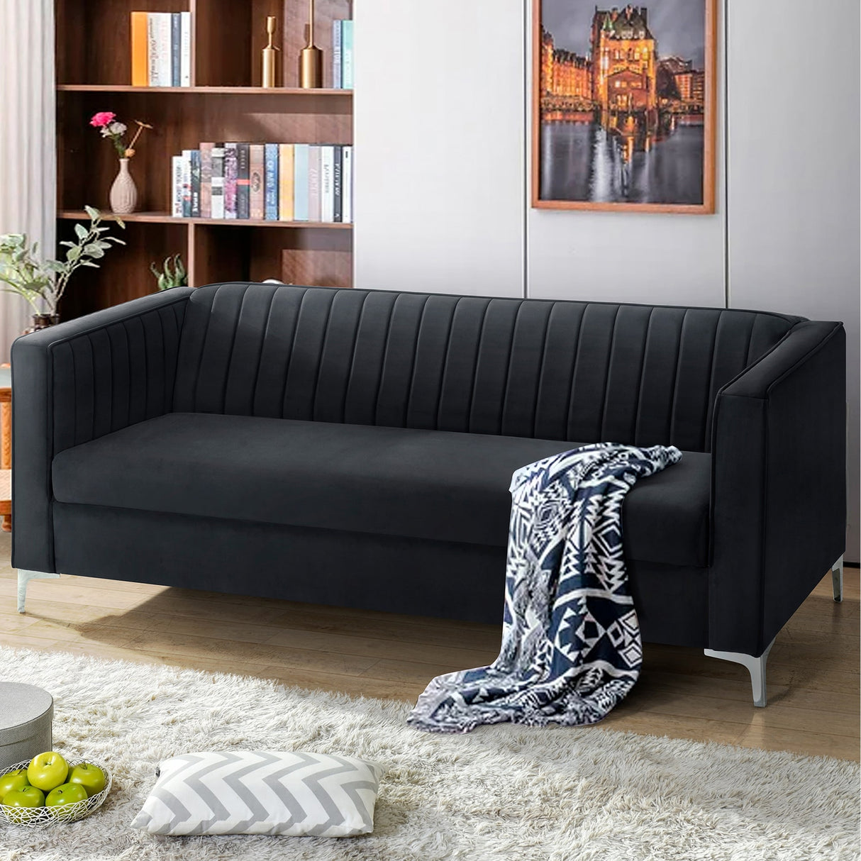 77" Velvet Upholstered Loveseat Sofa, Comfortable Thick Cusion Seat Sofa with Vertical Striped Decoration and Metal Legs