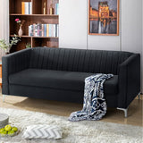 77" Velvet Upholstered Loveseat Sofa, Comfortable Thick Cusion Seat Sofa with Vertical Striped Decoration and Metal Legs