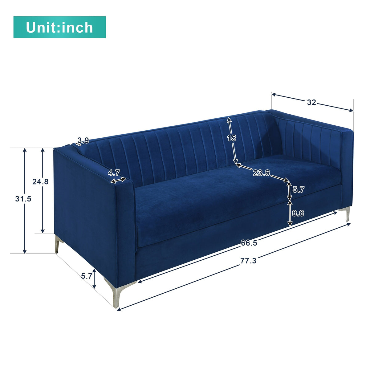 77" Velvet Upholstered Loveseat Sofa, Comfortable Thick Cusion Seat Sofa with Vertical Striped Decoration and Metal Legs