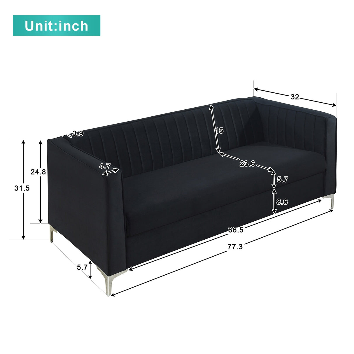 77" Velvet Upholstered Loveseat Sofa, Comfortable Thick Cusion Seat Sofa with Vertical Striped Decoration and Metal Legs