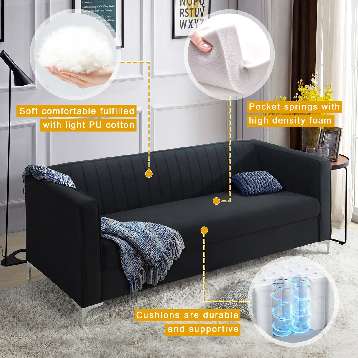 77" Velvet Upholstered Loveseat Sofa, Comfortable Thick Cusion Seat Sofa with Vertical Striped Decoration and Metal Legs