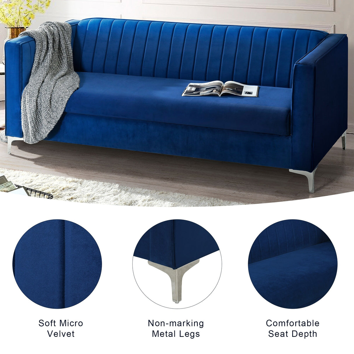 77" Velvet Upholstered Loveseat Sofa, Comfortable Thick Cusion Seat Sofa with Vertical Striped Decoration and Metal Legs