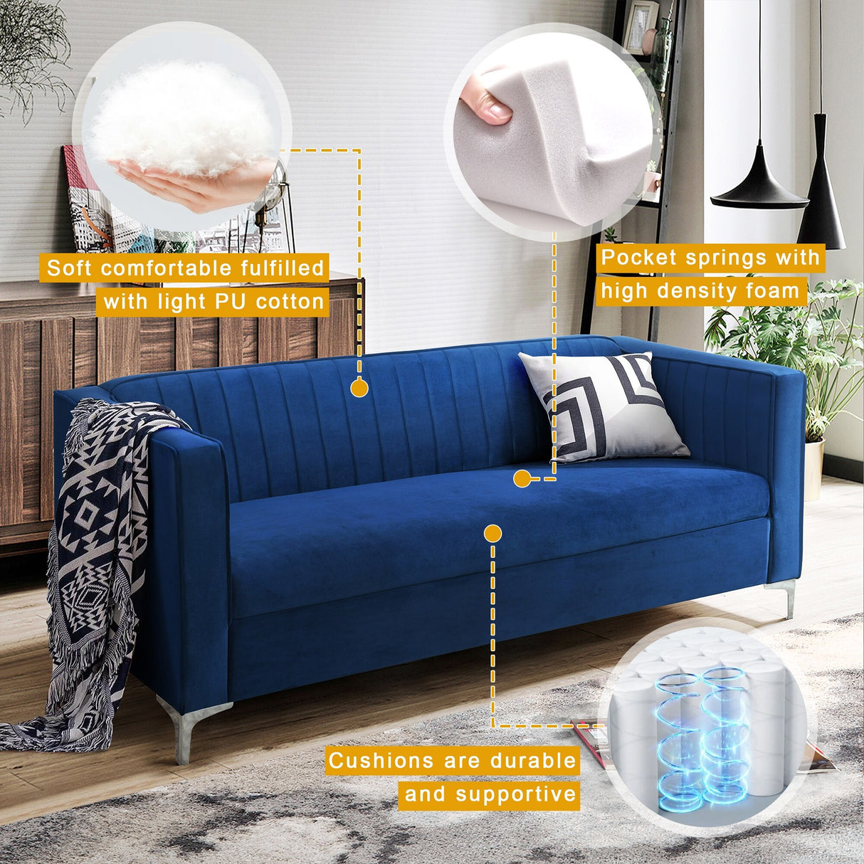 77" Velvet Upholstered Loveseat Sofa, Comfortable Thick Cusion Seat Sofa with Vertical Striped Decoration and Metal Legs