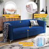 77" Velvet Upholstered Loveseat Sofa, Comfortable Thick Cusion Seat Sofa with Vertical Striped Decoration and Metal Legs