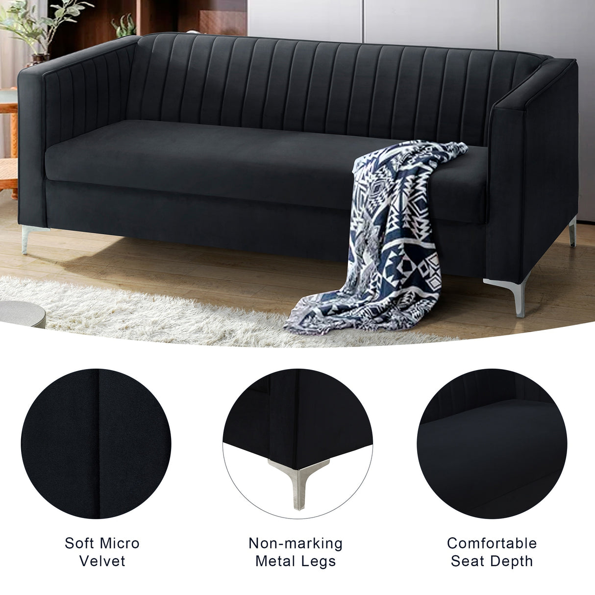 77" Velvet Upholstered Loveseat Sofa, Comfortable Thick Cusion Seat Sofa with Vertical Striped Decoration and Metal Legs