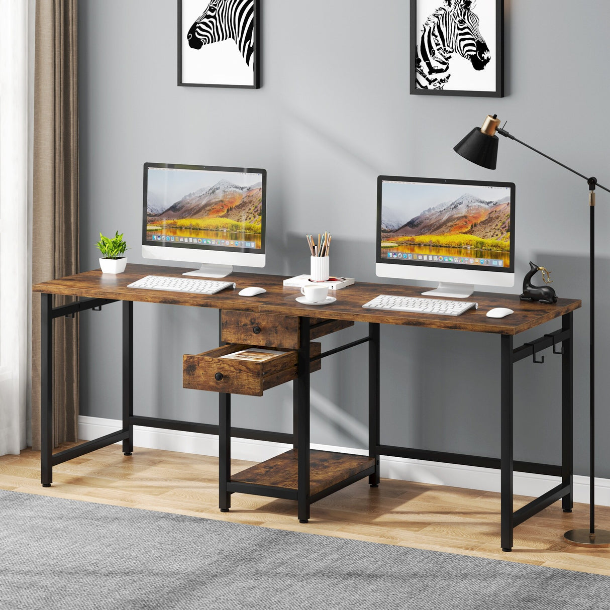 78 Inch 2 Person Desk with 2 Drawers, Long Computer Writing Desk