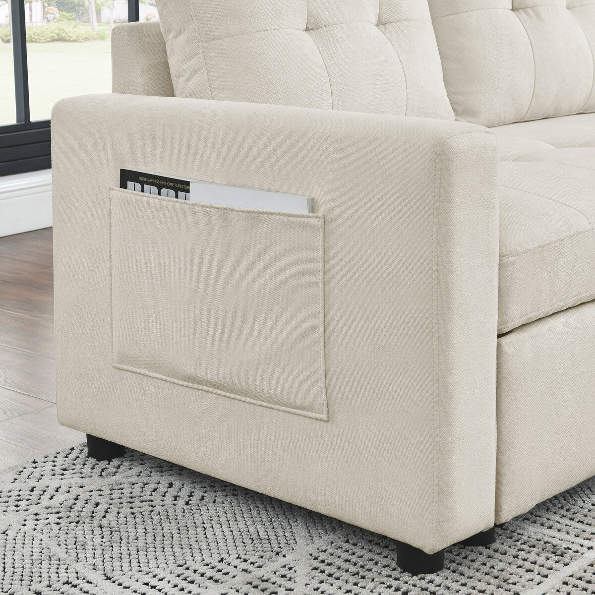 78.5-inch Beige Reversible Sleeper Sectional Sofa with Storage Chaise and Side Storage Bag - 78.5"W x 49"D x 31"H