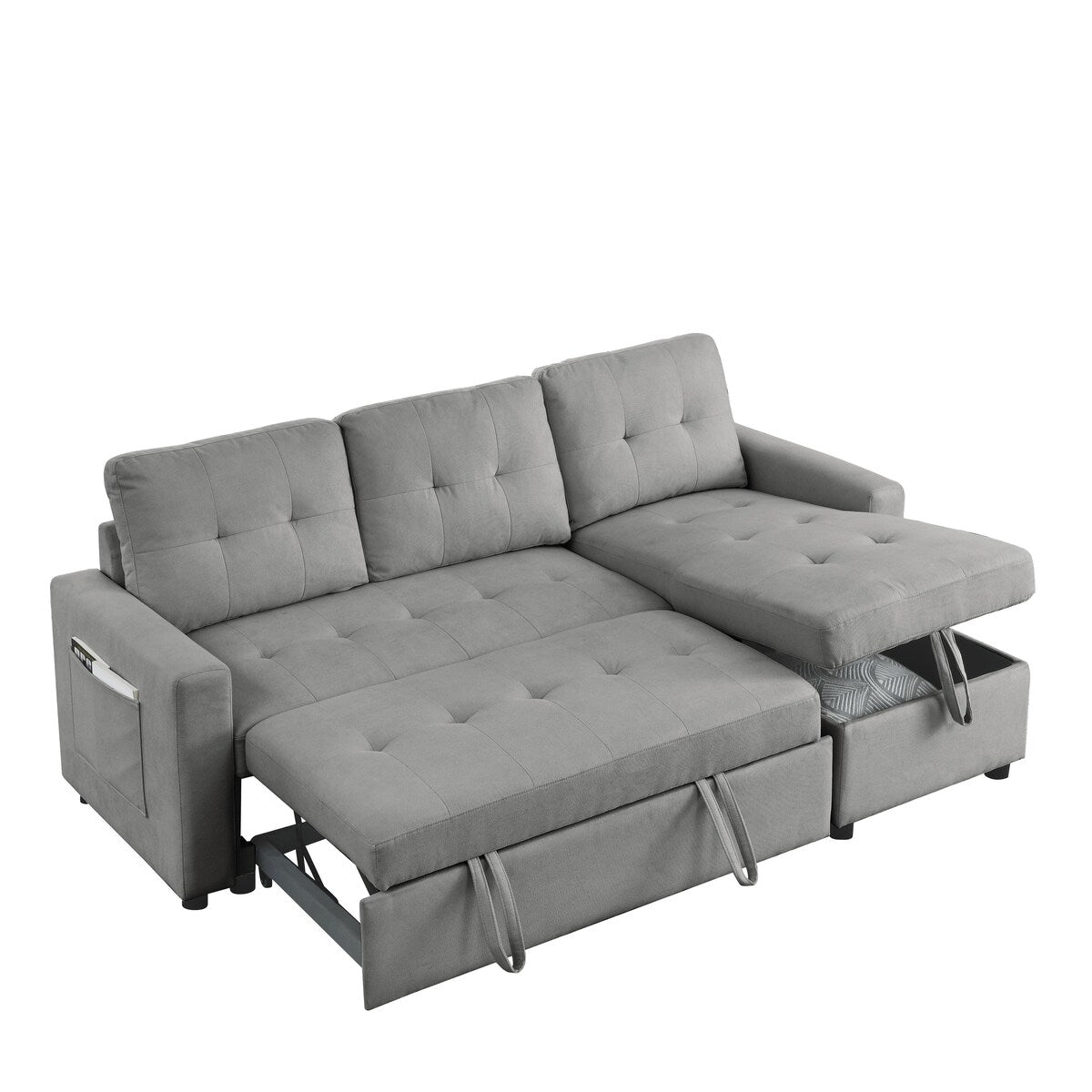 78.5-inch Beige Reversible Sleeper Sectional Sofa with Storage Chaise and Side Storage Bag - 78.5"W x 49"D x 31"H
