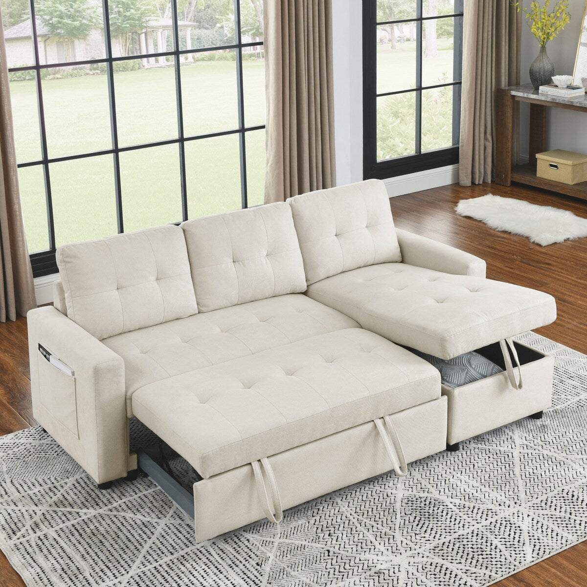 78.5-inch Beige Reversible Sleeper Sectional Sofa with Storage Chaise and Side Storage Bag - 78.5"W x 49"D x 31"H