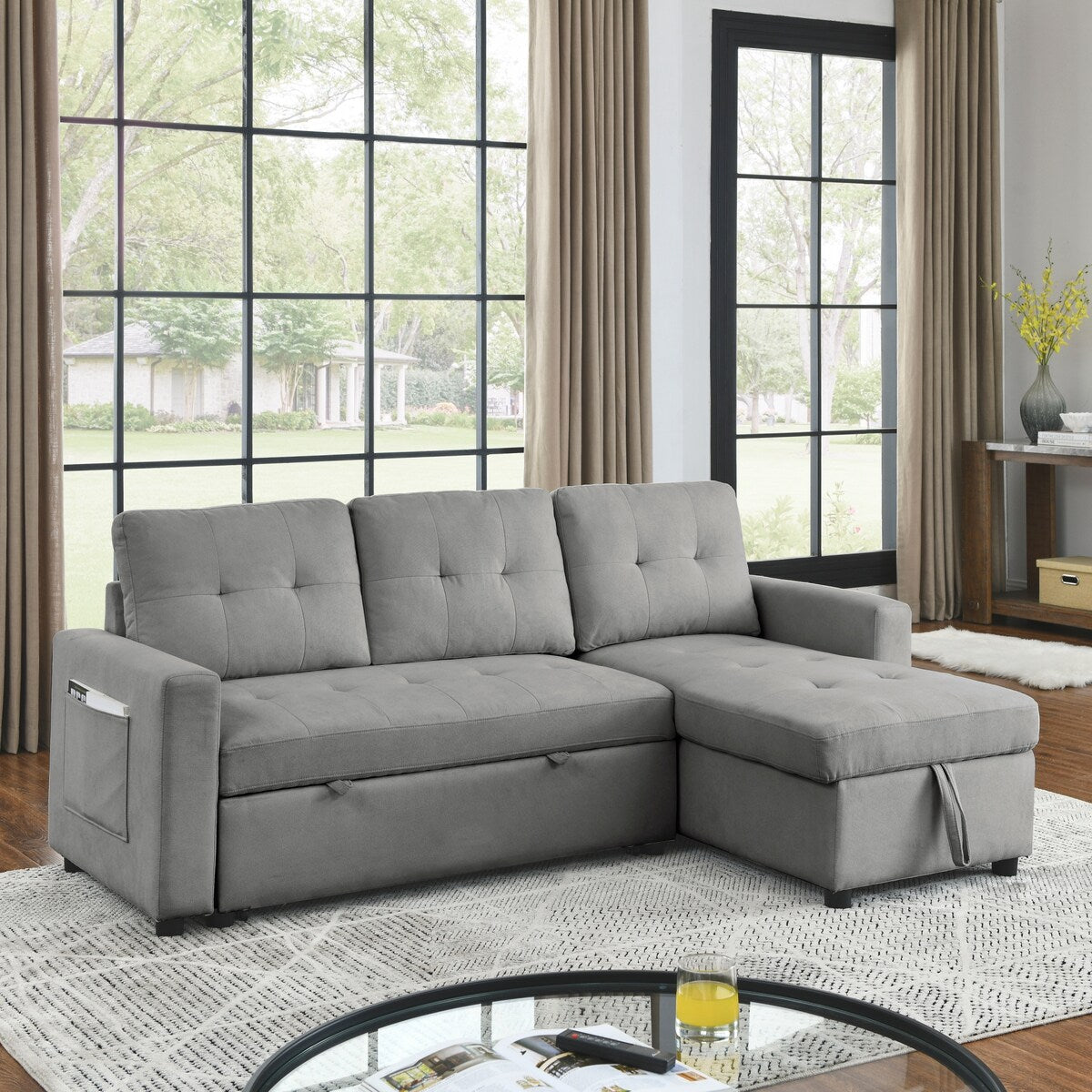 78.5-inch Beige Reversible Sleeper Sectional Sofa with Storage Chaise and Side Storage Bag - 78.5"W x 49"D x 31"H