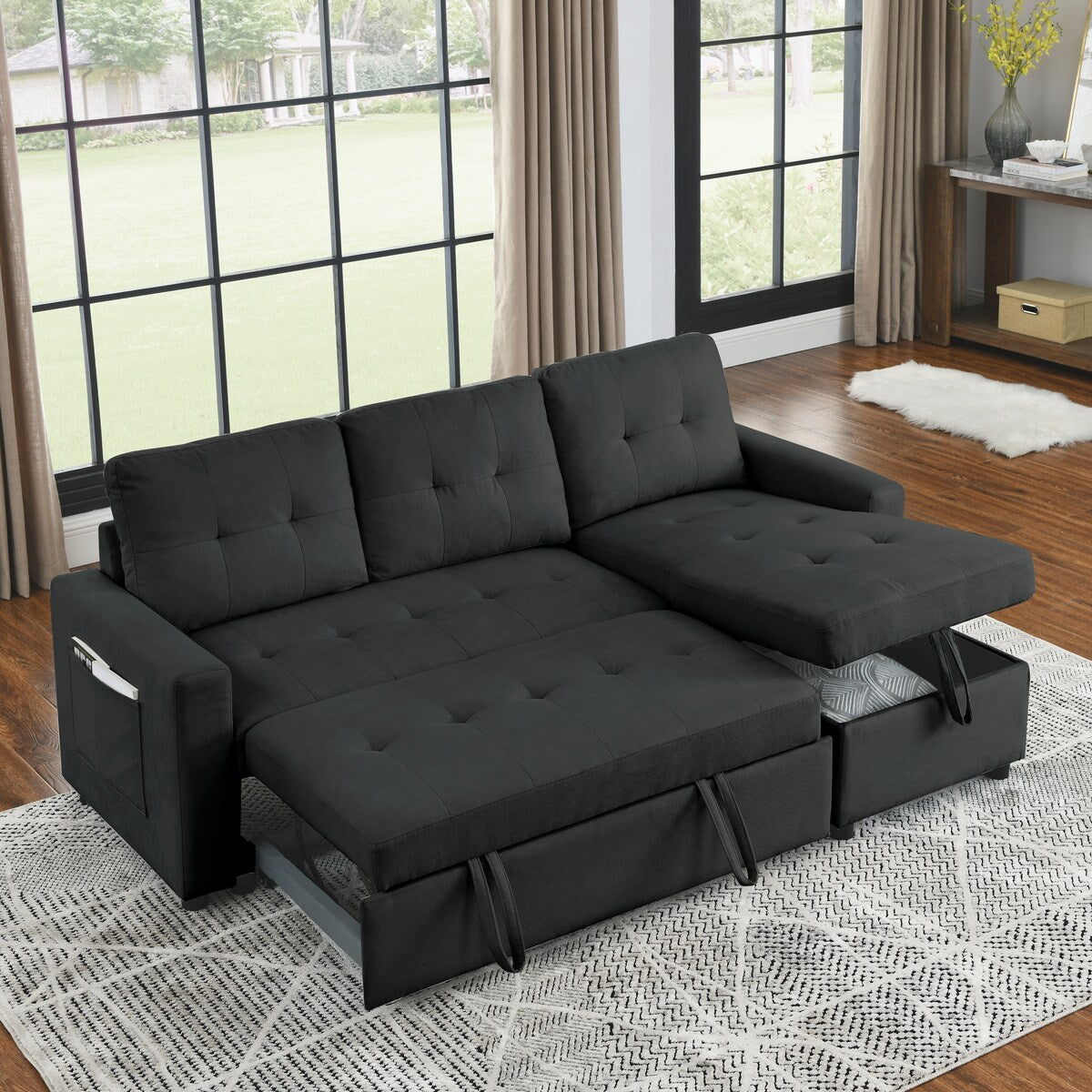 78.5-inch Beige Reversible Sleeper Sectional Sofa with Storage Chaise and Side Storage Bag - 78.5"W x 49"D x 31"H