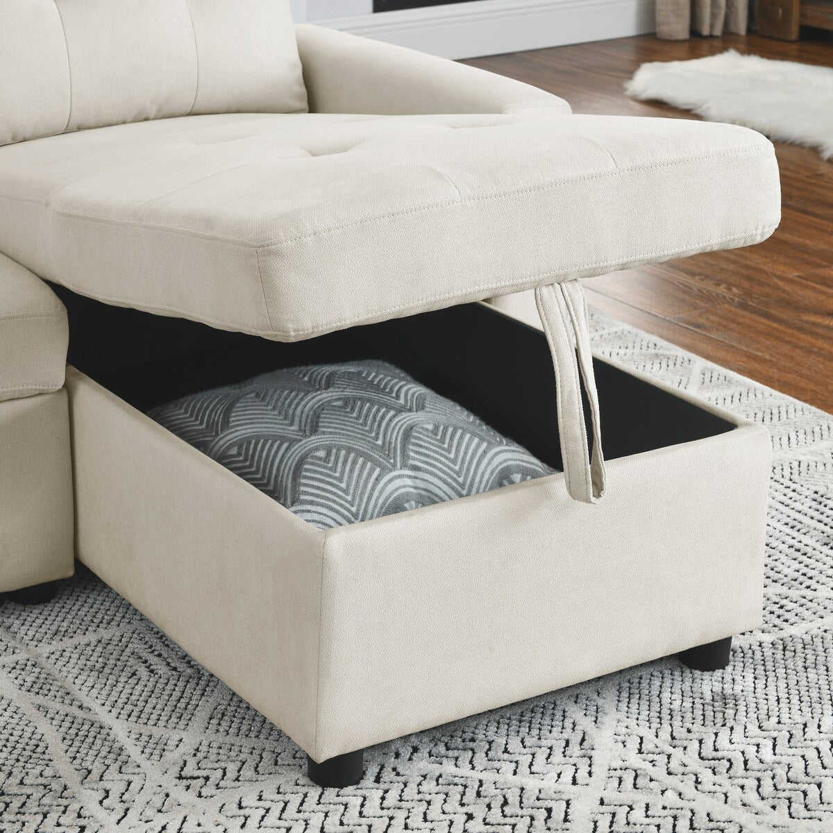 78.5-inch Beige Reversible Sleeper Sectional Sofa with Storage Chaise and Side Storage Bag - 78.5"W x 49"D x 31"H