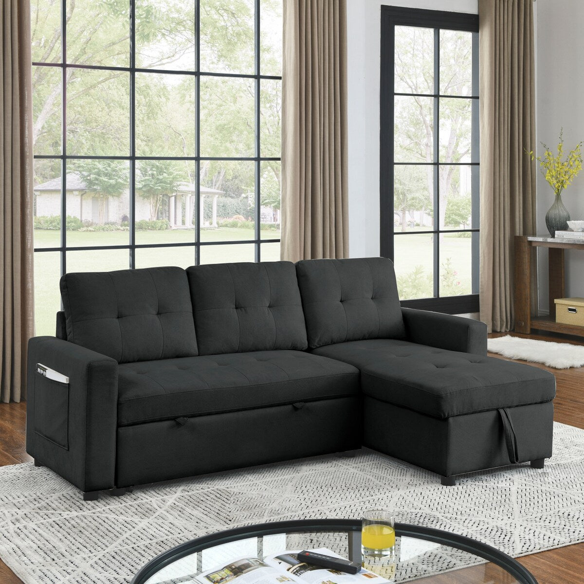 78.5-inch Beige Reversible Sleeper Sectional Sofa with Storage Chaise and Side Storage Bag - 78.5"W x 49"D x 31"H