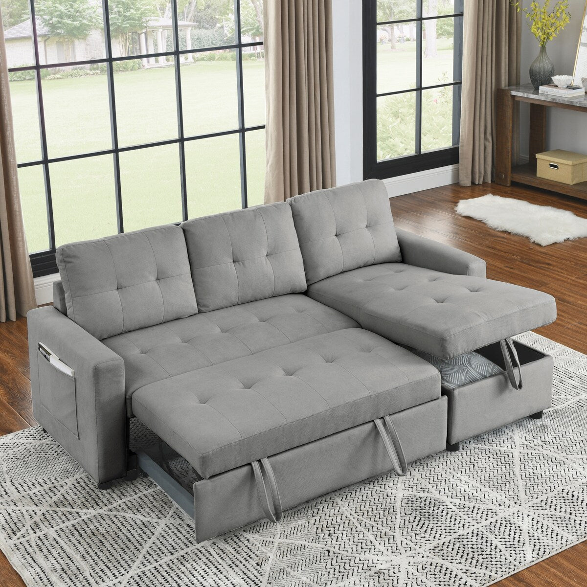 78.5-inch Beige Reversible Sleeper Sectional Sofa with Storage Chaise and Side Storage Bag - 78.5"W x 49"D x 31"H