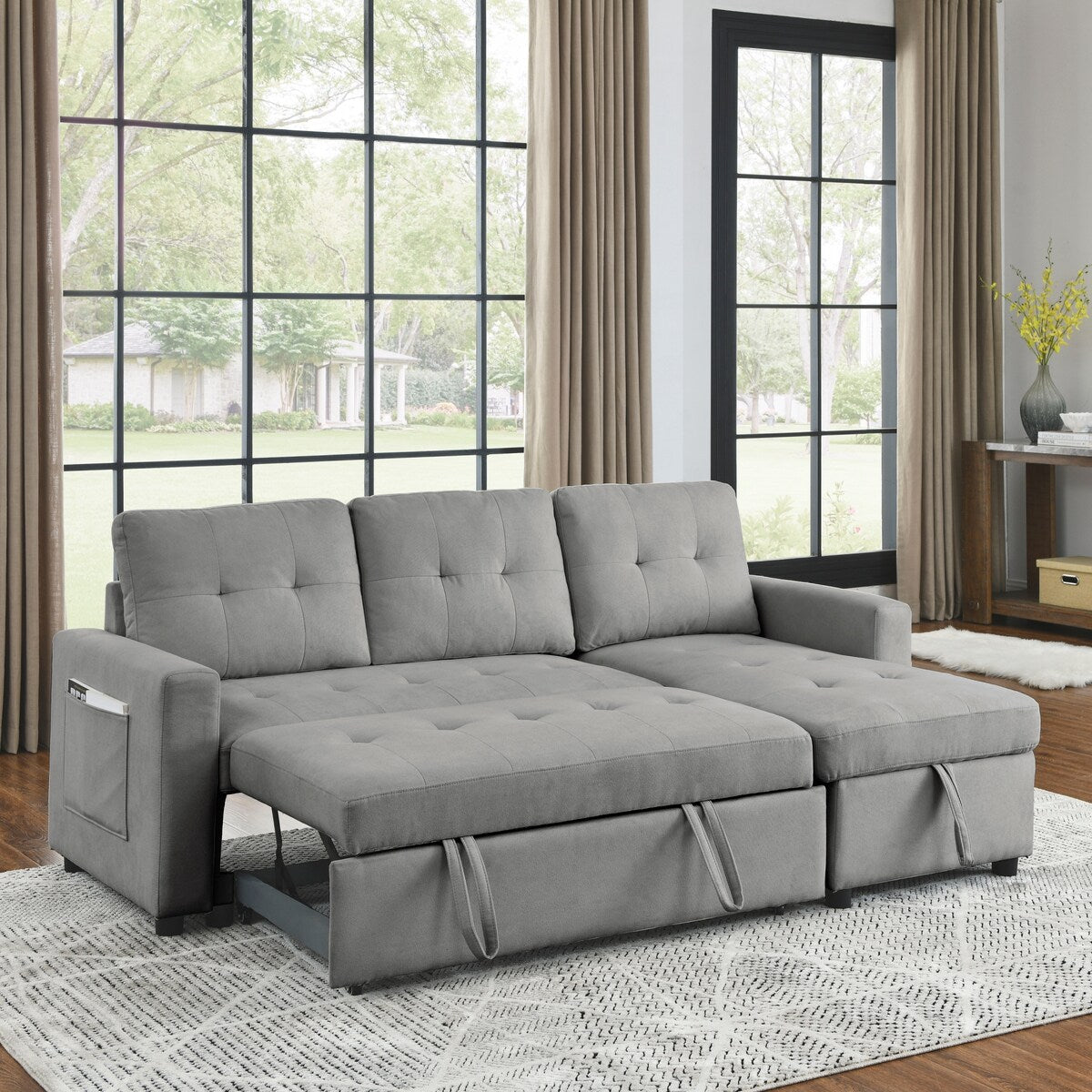 78.5-inch Beige Reversible Sleeper Sectional Sofa with Storage Chaise and Side Storage Bag - 78.5"W x 49"D x 31"H