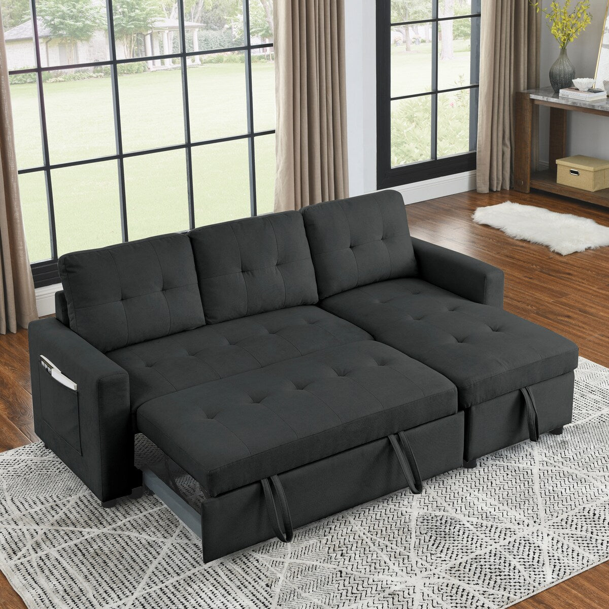 78.5-inch Beige Reversible Sleeper Sectional Sofa with Storage Chaise and Side Storage Bag - 78.5"W x 49"D x 31"H