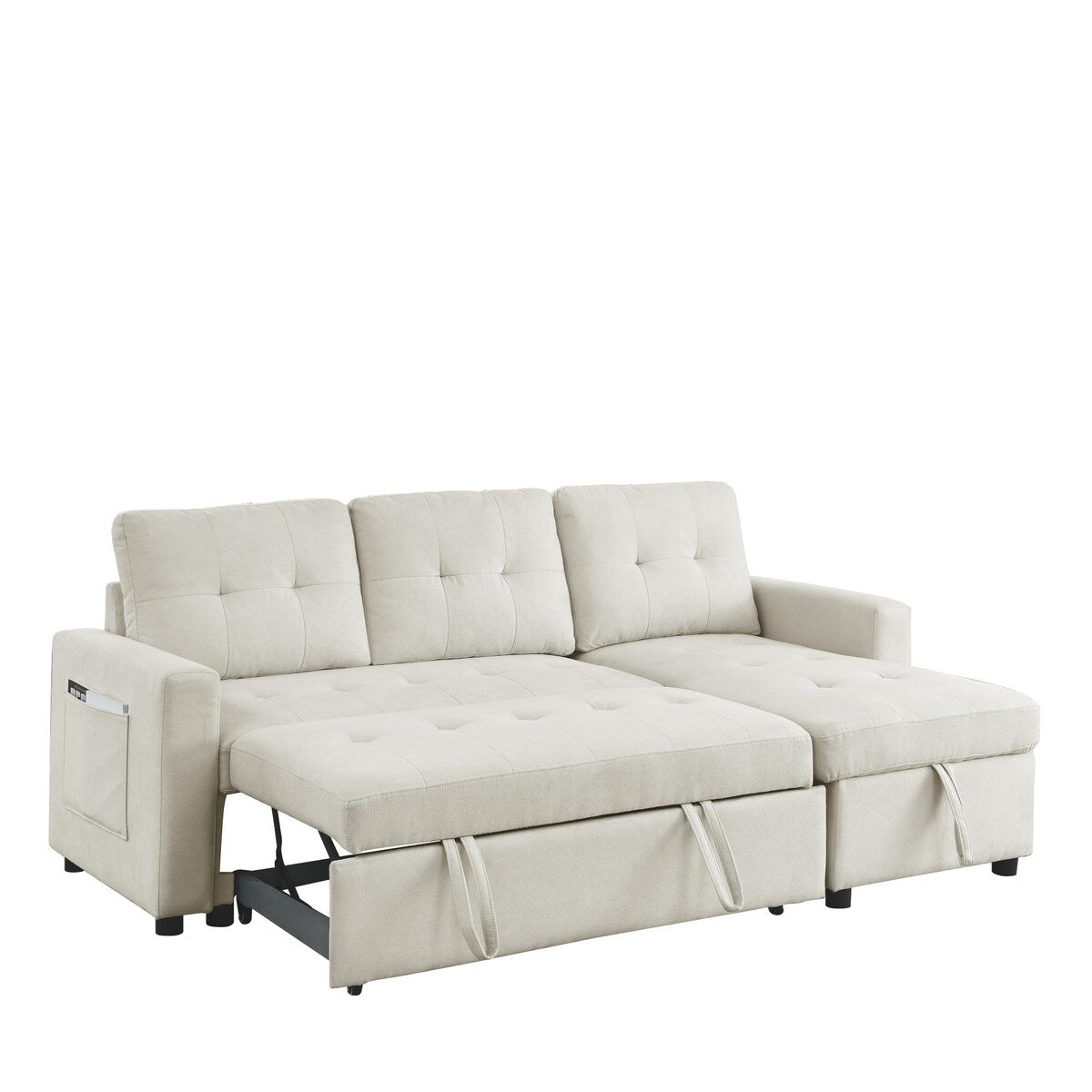 78.5-inch Beige Reversible Sleeper Sectional Sofa with Storage Chaise and Side Storage Bag - 78.5"W x 49"D x 31"H