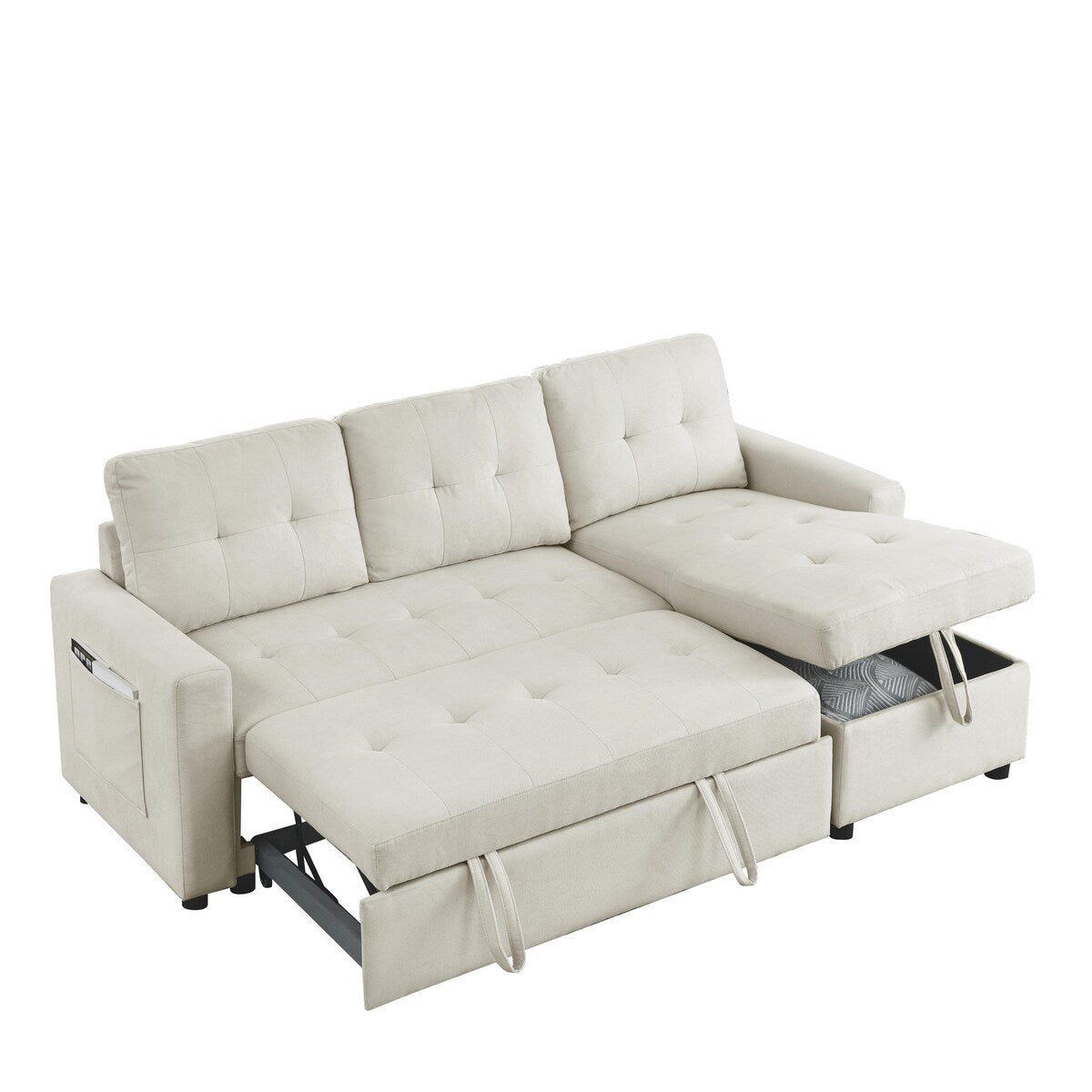 78.5-inch Beige Reversible Sleeper Sectional Sofa with Storage Chaise and Side Storage Bag - 78.5"W x 49"D x 31"H