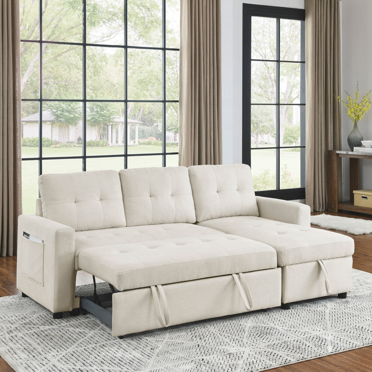 78.5-inch Beige Reversible Sleeper Sectional Sofa with Storage Chaise and Side Storage Bag - 78.5"W x 49"D x 31"H