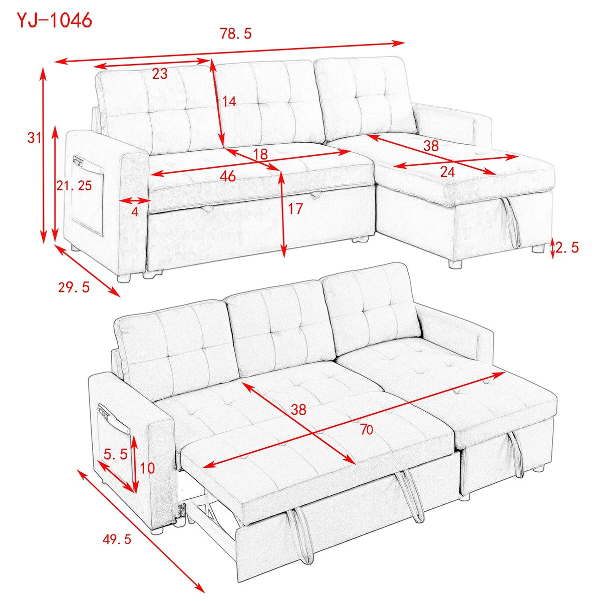78.5-inch Beige Reversible Sleeper Sectional Sofa with Storage Chaise and Side Storage Bag - 78.5"W x 49"D x 31"H