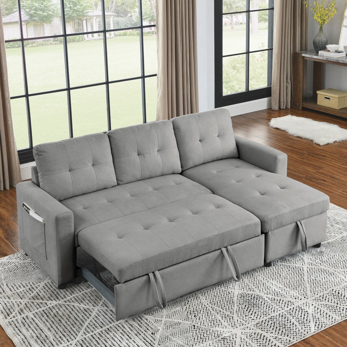 78.5-inch Beige Reversible Sleeper Sectional Sofa with Storage Chaise and Side Storage Bag - 78.5"W x 49"D x 31"H