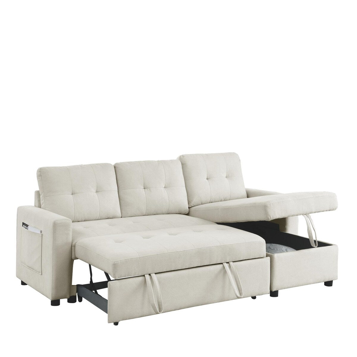78.5-inch Beige Reversible Sleeper Sectional Sofa with Storage Chaise and Side Storage Bag - 78.5"W x 49"D x 31"H