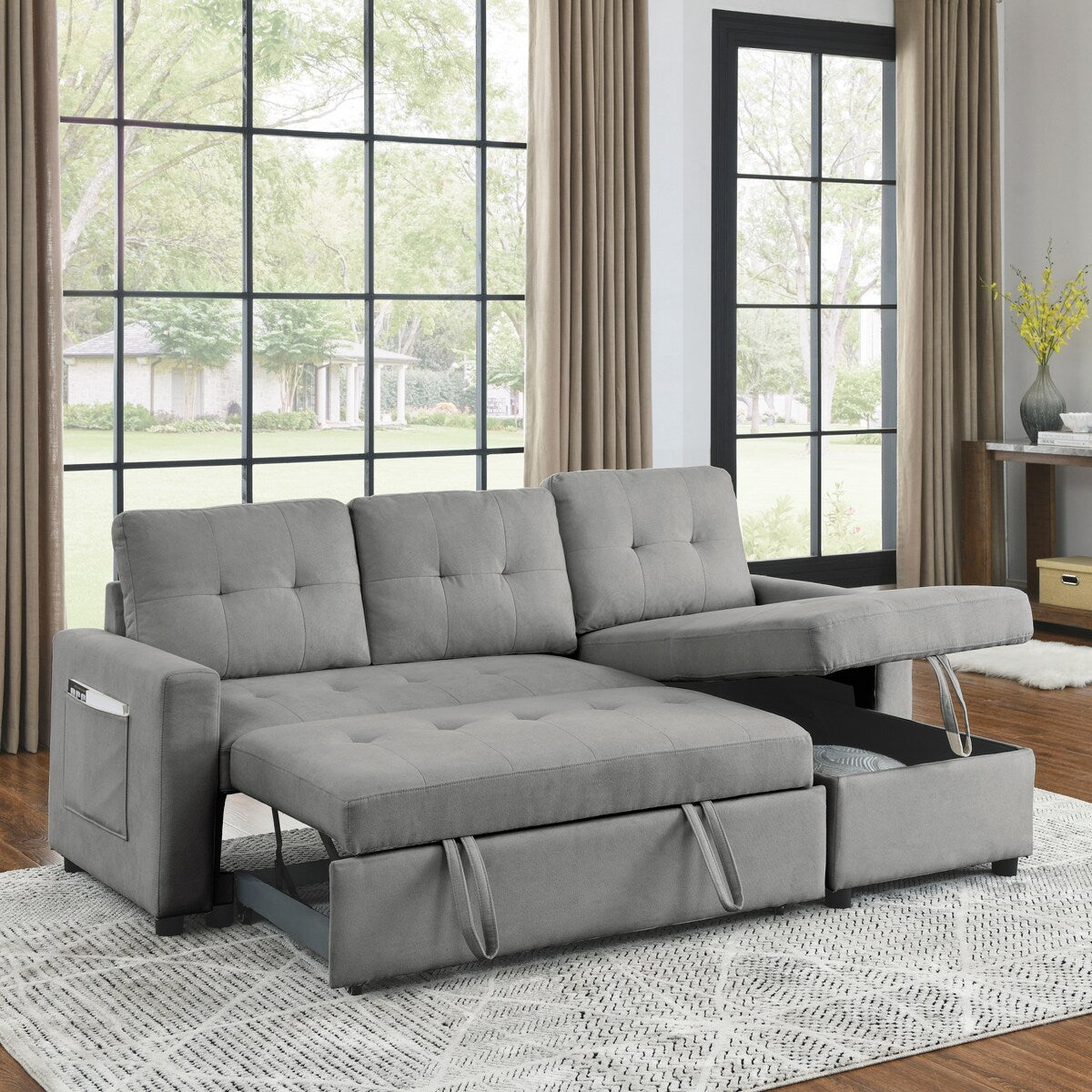 78.5-inch Beige Reversible Sleeper Sectional Sofa with Storage Chaise and Side Storage Bag - 78.5"W x 49"D x 31"H