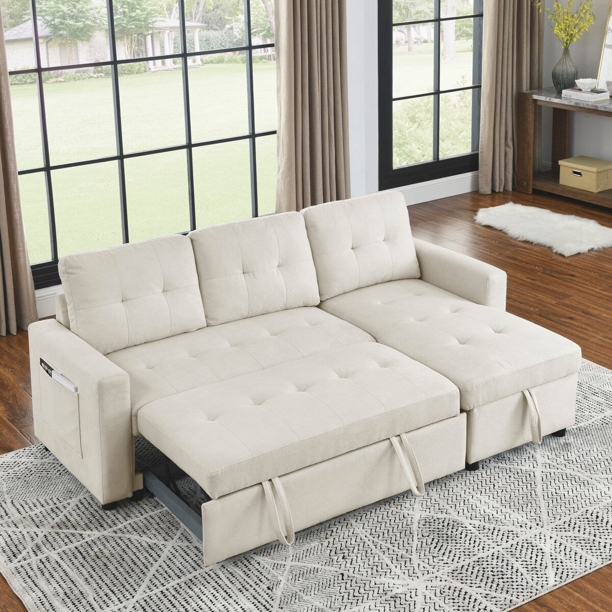 78.5-inch Beige Reversible Sleeper Sectional Sofa with Storage Chaise and Side Storage Bag - 78.5"W x 49"D x 31"H
