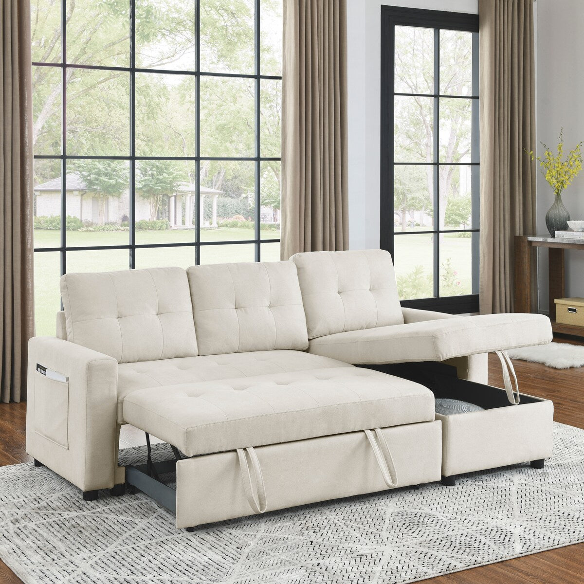 78.5-inch Beige Reversible Sleeper Sectional Sofa with Storage Chaise and Side Storage Bag - 78.5"W x 49"D x 31"H